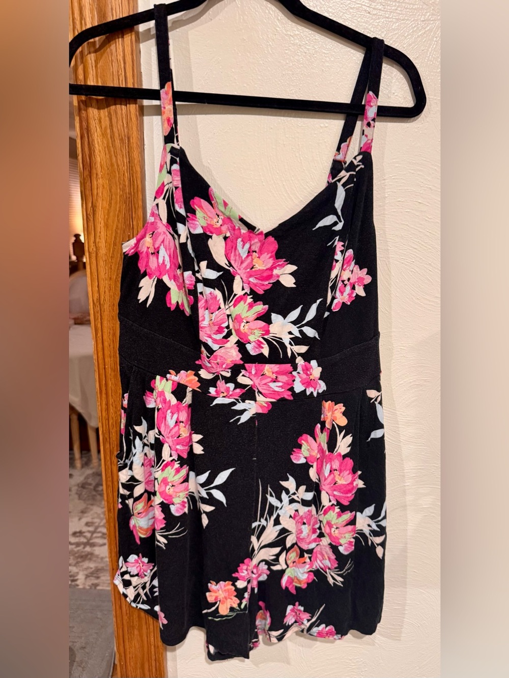 Black Floral Spaghetti Strap romper with Pink Blooms